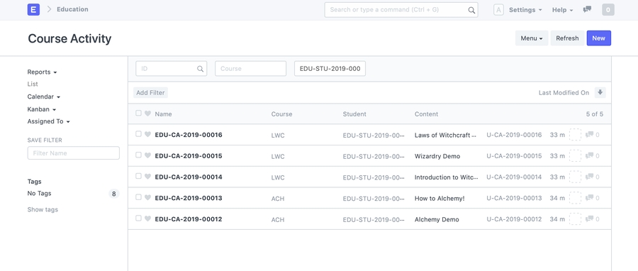 Danh sách hoạt động khóa học