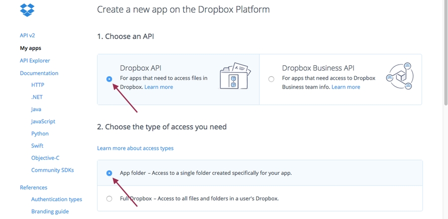 Chọn API Dropbox và nhập làm Thư mục APP