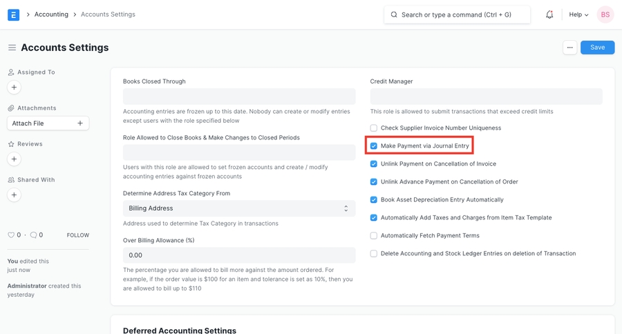 Bật mục nhập thanh toán qua Journal ENtry