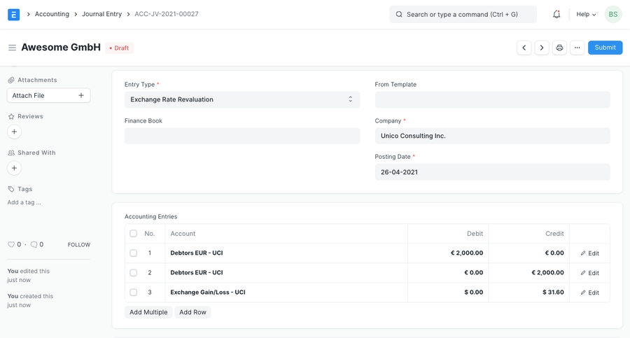 Mục nhập nhật ký đánh giá lại tỷ giá hối đoái