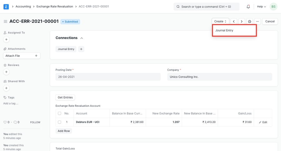 Tùy chọn mục nhập tạp chí sau khi gửi