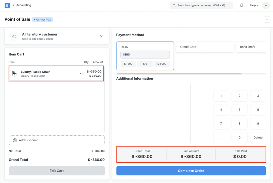 Màn hình giỏ hàng tín dụng trả lại POS