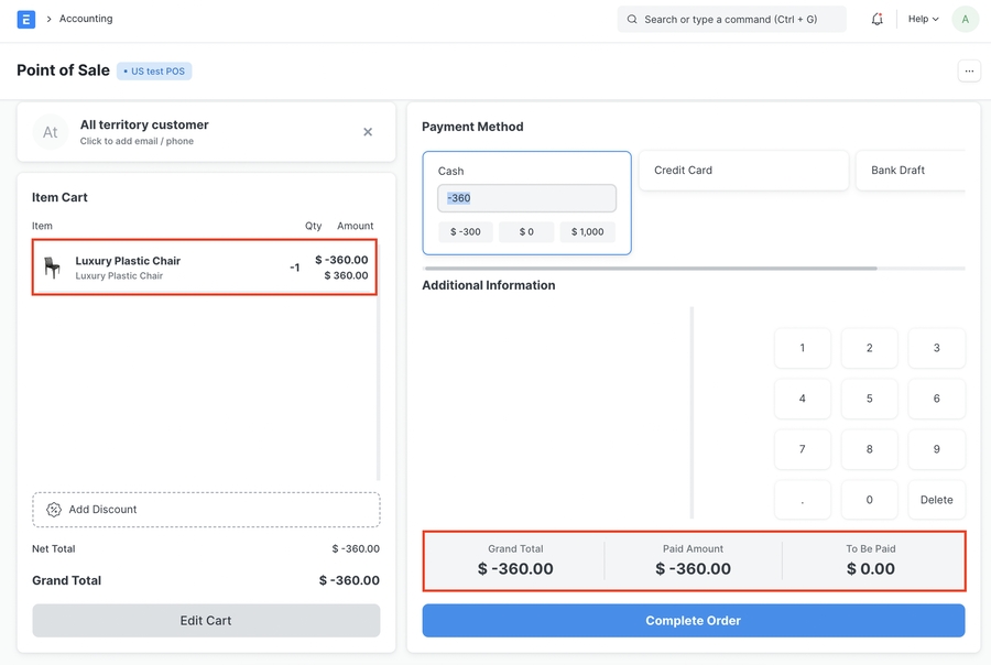 Màn hình giỏ hàng tín dụng trả lại POS