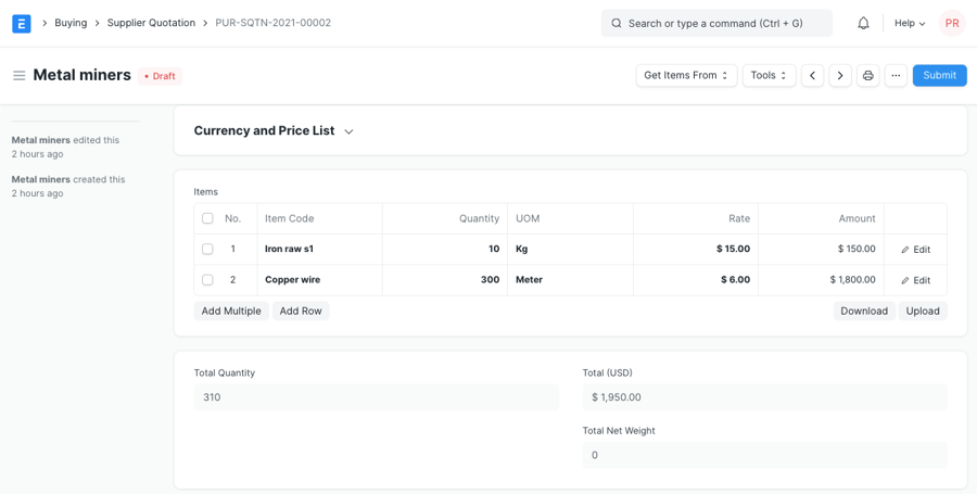 Báo giá nhà cung cấp