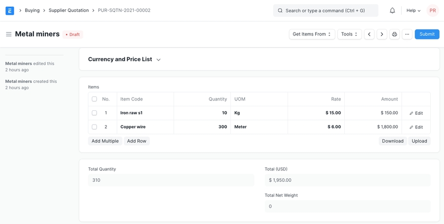 Báo giá nhà cung cấp